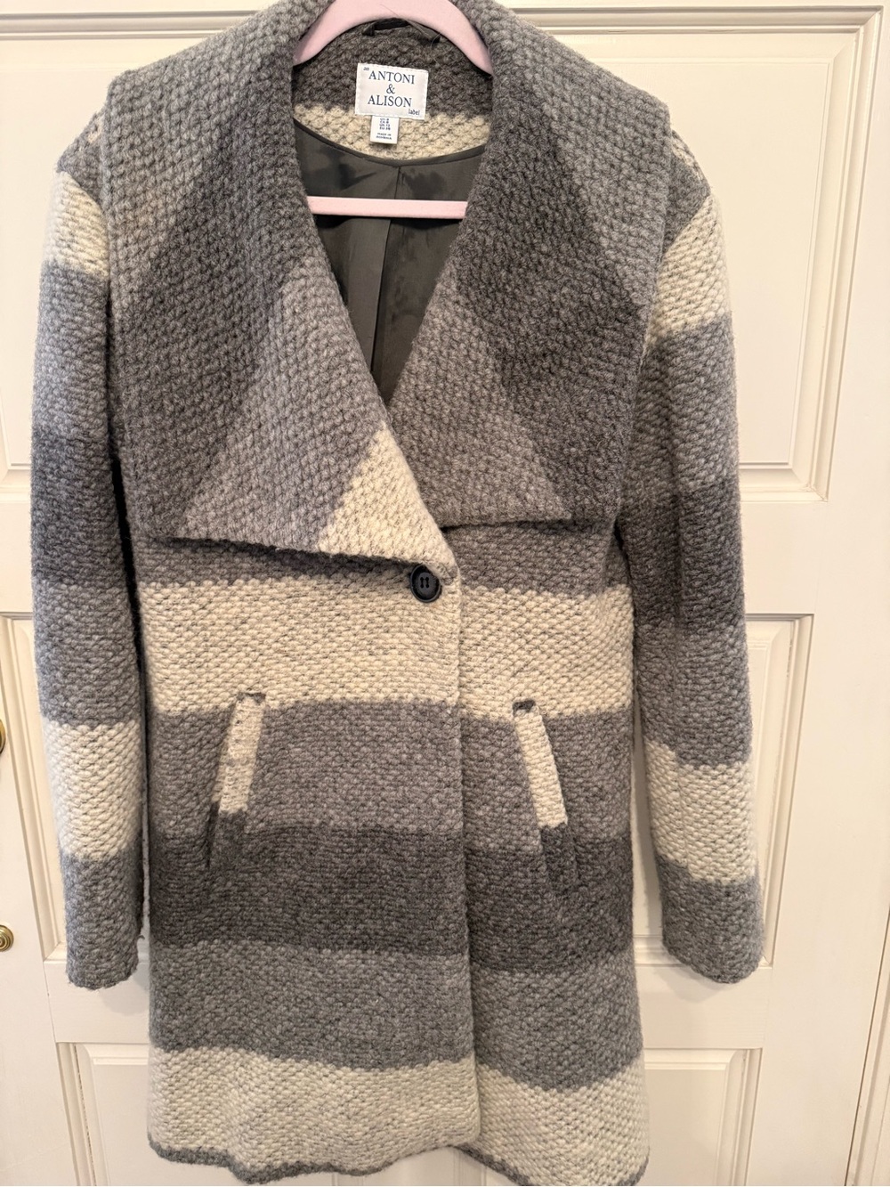 Gray Striped Pea Coat with Shawl Collar